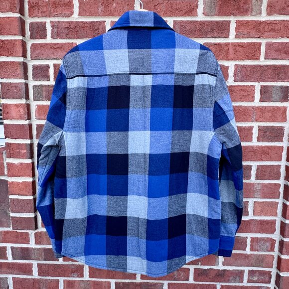 VTG St Johns Bay Quilted Flannel Shacket Mens Medium Blue Buffalo Plaid Pockets - Picture 2 of 10